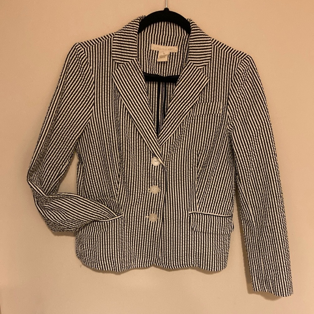 🍋 Sandro Navy/White Seersucker Cotton Blazer M